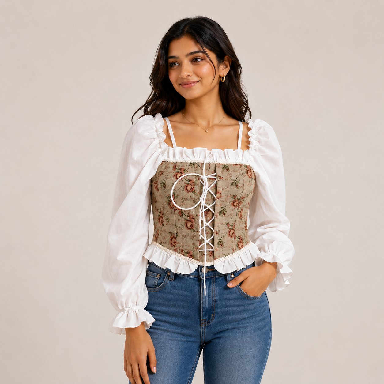 Vintage Floral Lace-Up Top