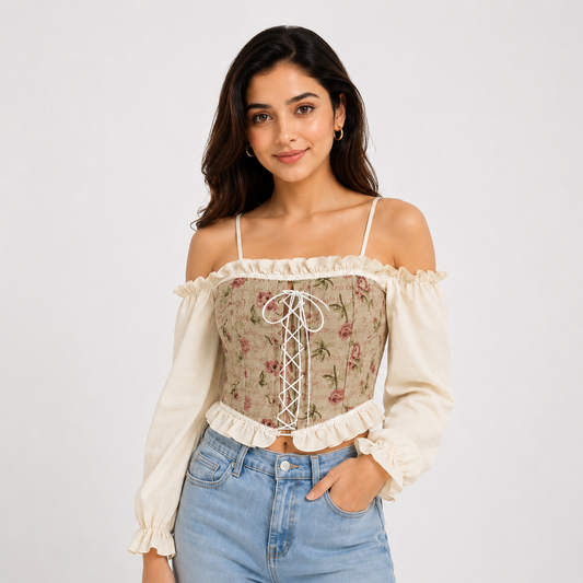Vintage Floral Lace-Up Top