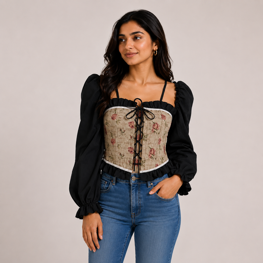Vintage Floral Lace-Up Top